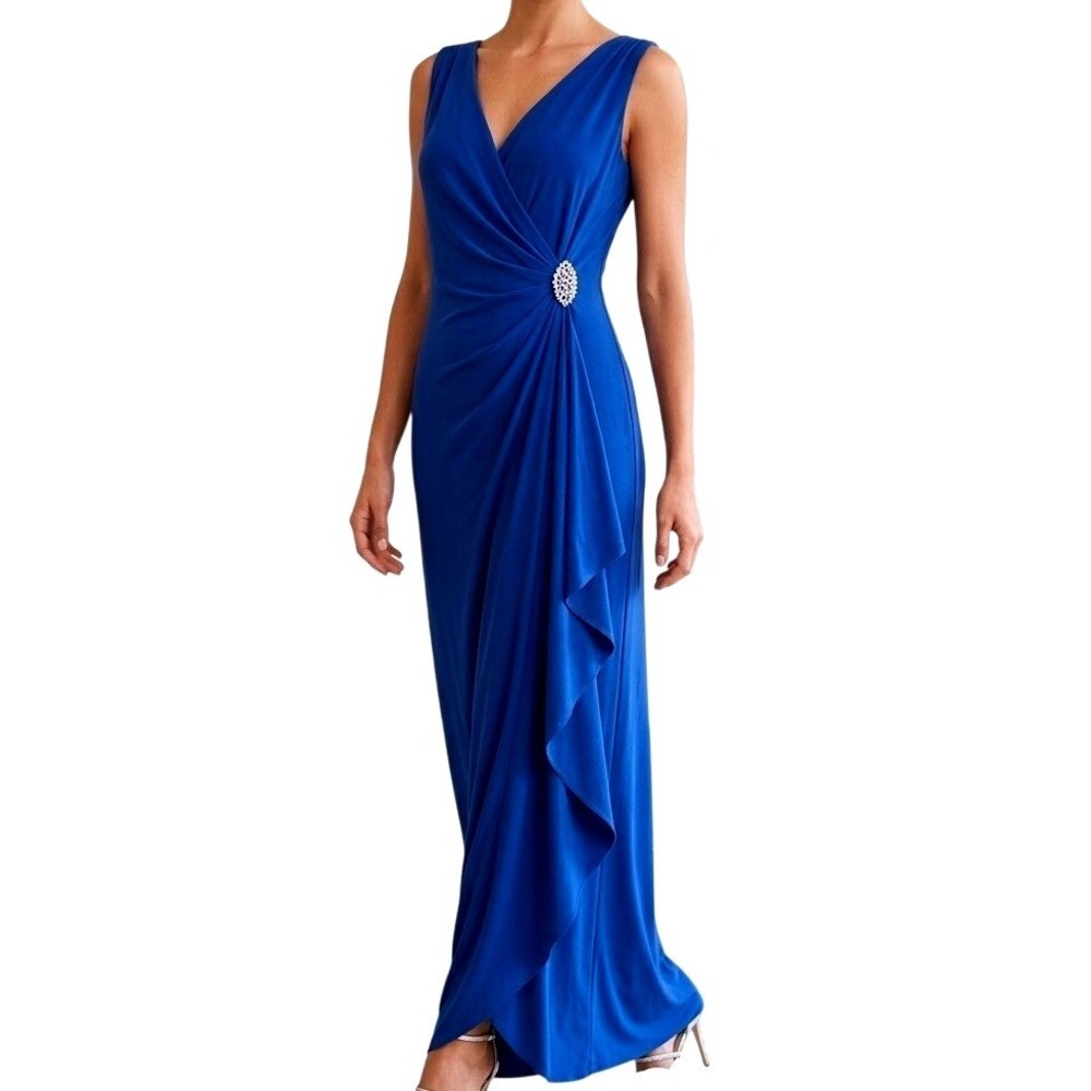 Lauren Ralph Lauren Evening Royal Blue Rhinestone Brooch Ruffle Gown Dress 14